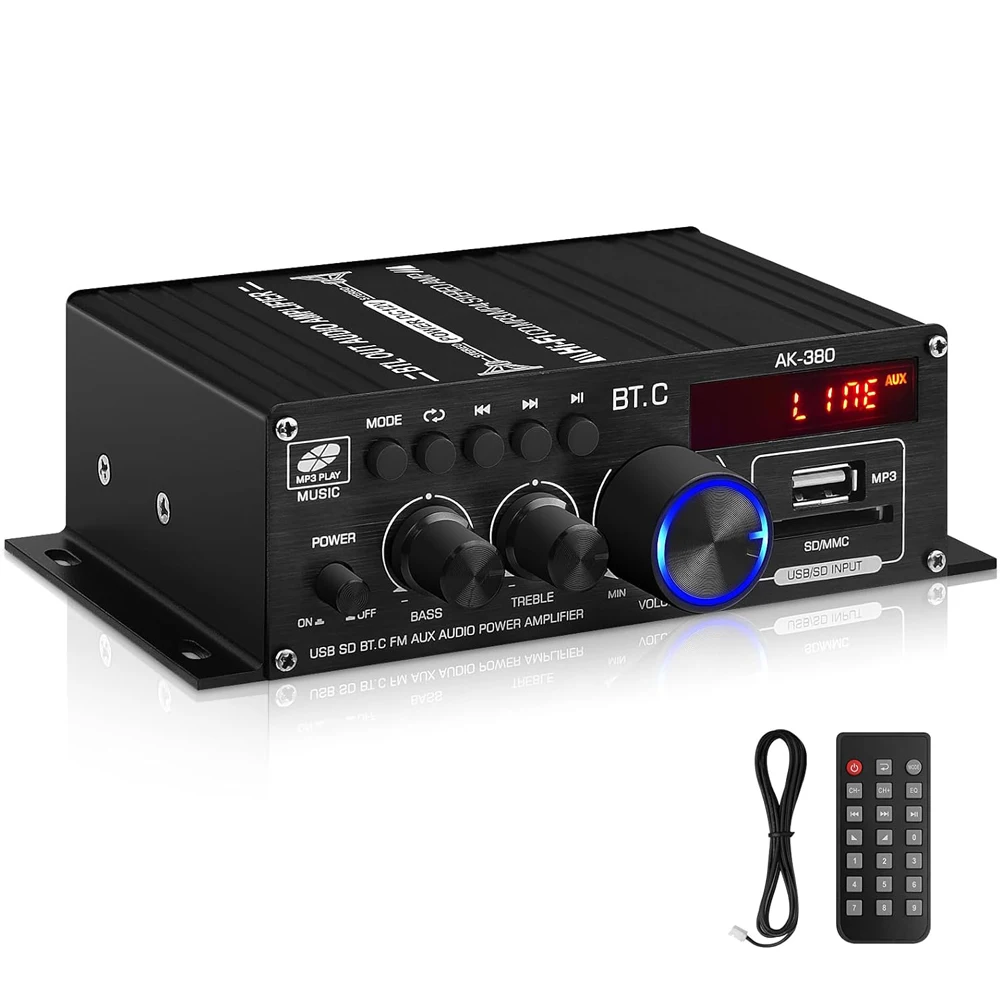 AK-380 블루투스 5.0 가정용 오디오 앰프, HIFI 2.0 채널 앰프, 지지대 USB AUX SD 카드 입력, 가정용 AV 시스템에 적합