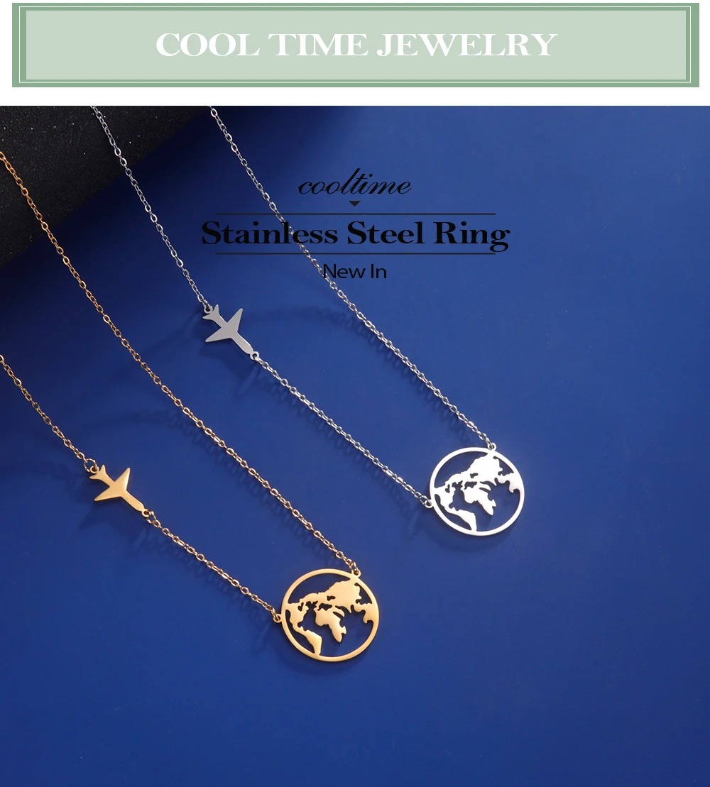 Cooltime Flugzeug Weltkarte Anhänger Halskette für Frauen Edelstahl Charm Choker Halskette Schmuck Geschenk Kragen Para Mujer – Detail 1