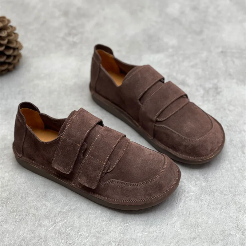 thumbnail image 1 of Zapatos planos de mujer hechos a mano de primavera 2022, zapatos casuales de gamuza de vaca genuina con punta redonda, color marrón café, talla 35-40, zapatos individuales, 1 of 5
