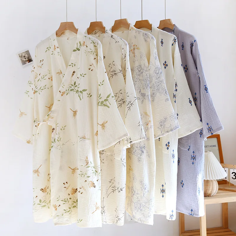 Cotton Kimono Nightgown Robes for Women's Spring and Autumn Long Sleeve Cardigan Thin Bathrobe Pajamas Home Wear Clothes