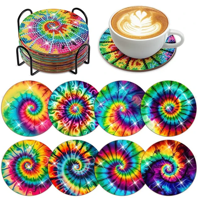 8 Pcs colored diamond art coaster set, anti slip strap bracket round  diamond painting coaster DIY crafts DIY lovers - AliExpress