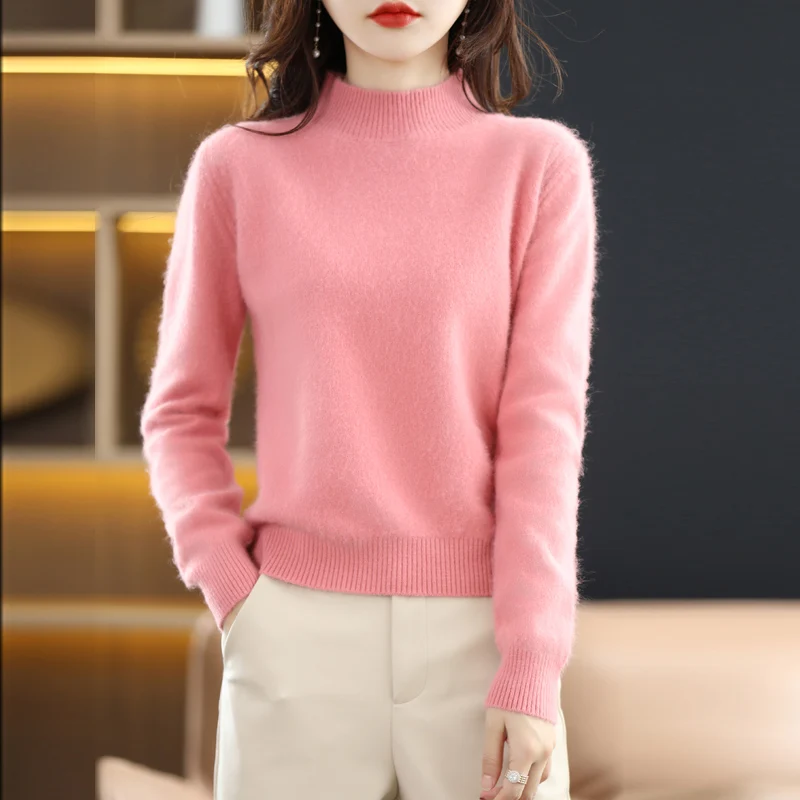 여성용 밍크 벨벳 스웨터, 세미 하이 칼라 풀오버, 캐주얼 뜨게 패션, 루즈 탑, 한국 버전, 100% 가을 및 겨울 신상