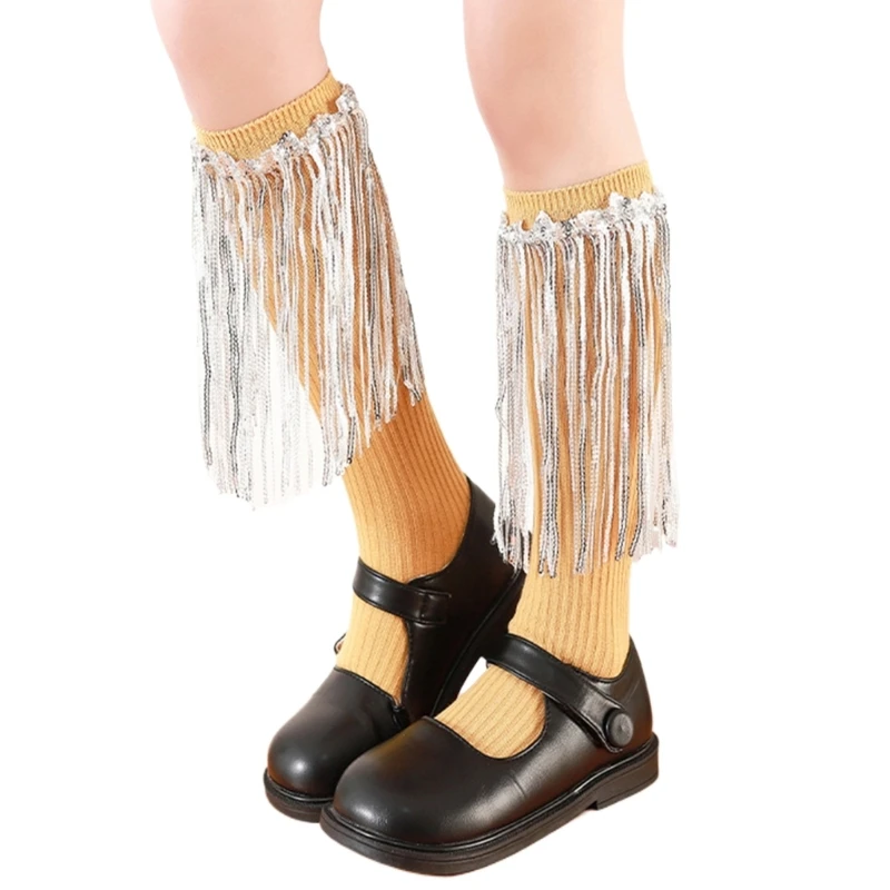 HUYU Sequined Fringed Knee High Socks Midcalf Socks for Kids Spring Stretchy for Little Girl School Dancing Dress