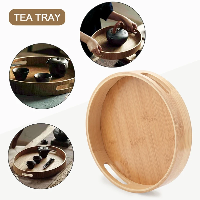 Round Serving Bamboo Wooden Tray for Dinner Trays Tea Bar Breakfast Food Container Handle Storage Tray 1