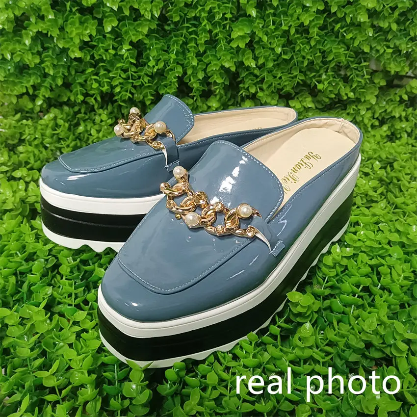 Chain Pearl Wedges Platform Mules Sandals Women Luxury Brand Design High Heels Slipper Women Wedge Platform pumps Loafers 35-42 6