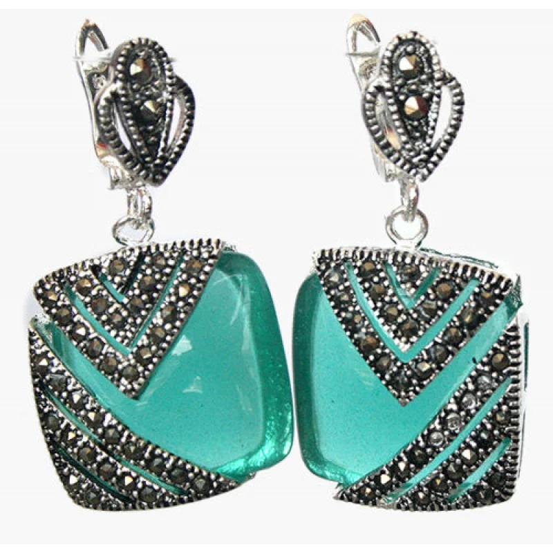 

Natural Green Opal Cat Eye Stone 925 Silver & Marcasite Earrings 1";