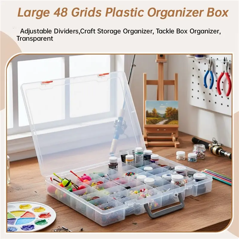 ABRJ-대형 48칸 플라스틱 정리함(조절 가능한 칸막이 포함), 공예품 보관함, 태클 박스 정리함