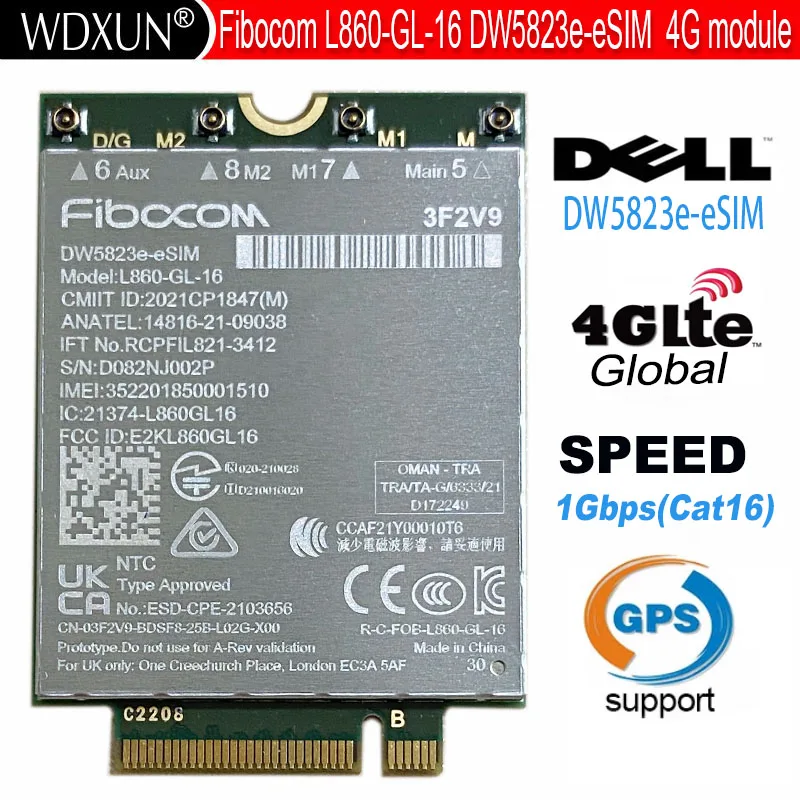 Módulo Lte Wcdma para Latitude Dw5823e Dw5823e-esim Fibocom L860-gl16 Cat16 Multimodo 1gbps Latitude 5440 5540 7440 7640