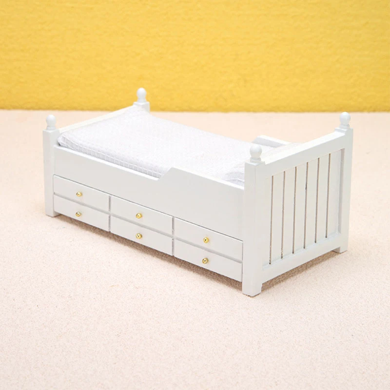 1:12 Dollhouse Miniature Bed White European Single Bed With Drawer Bedroom Furniture Model Decor Toy Doll House Accessories