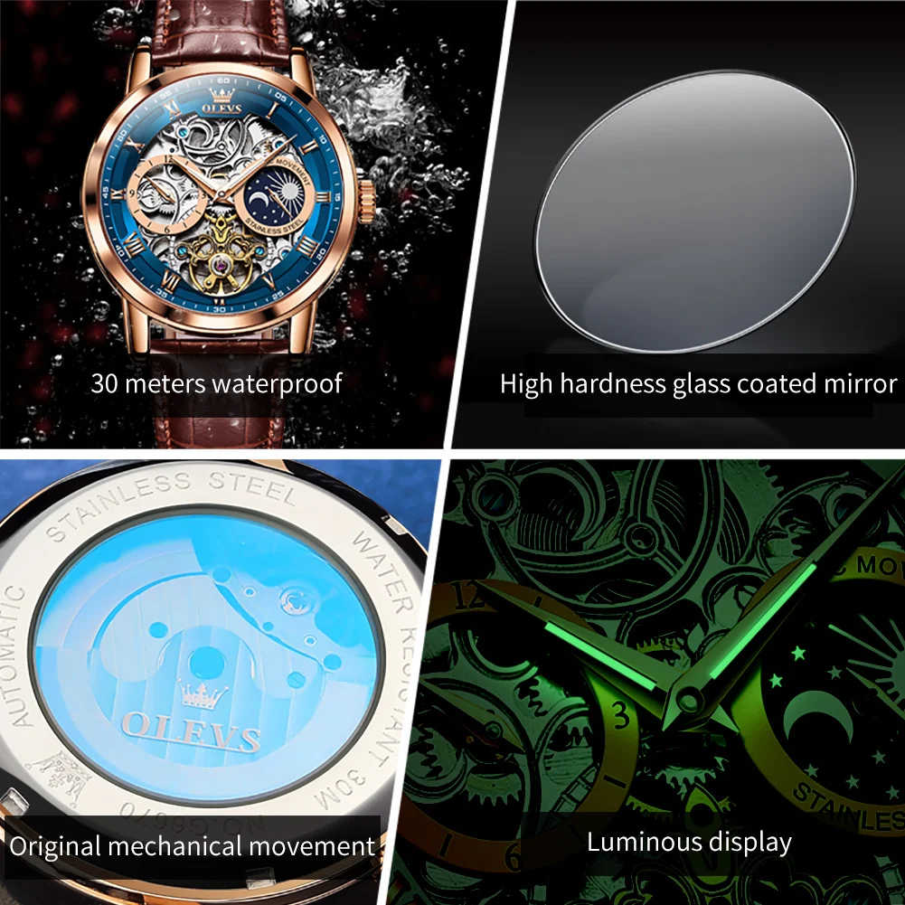 Orologio Meccanico Automatico OLEVS Uomo – Scheletro Tourbillon, Fasi Lunari, Cinturino In Pelle, Impermeabile