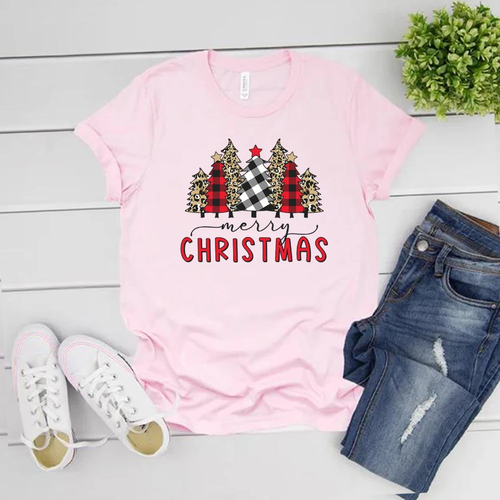 Women's Christmas Leopard Plaid Tree T-Shirt - Festive Holiday Short Sleeve Tee With Merry Christmas Print - View #7