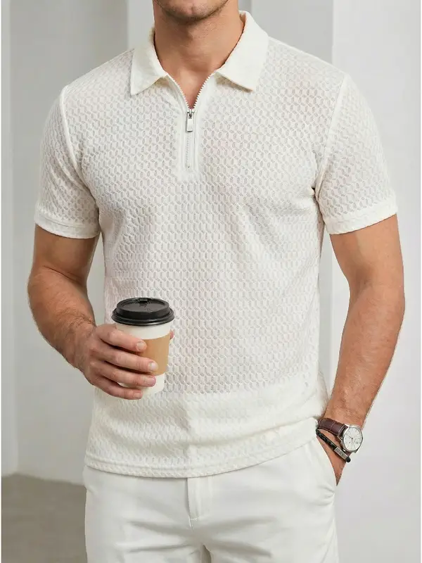 2026 Men's Business Casual Short Sleeved Bone Flower Solid Color POLO Shirt Fashion Breathable Comfortable Summer Versatile Top - Image 2