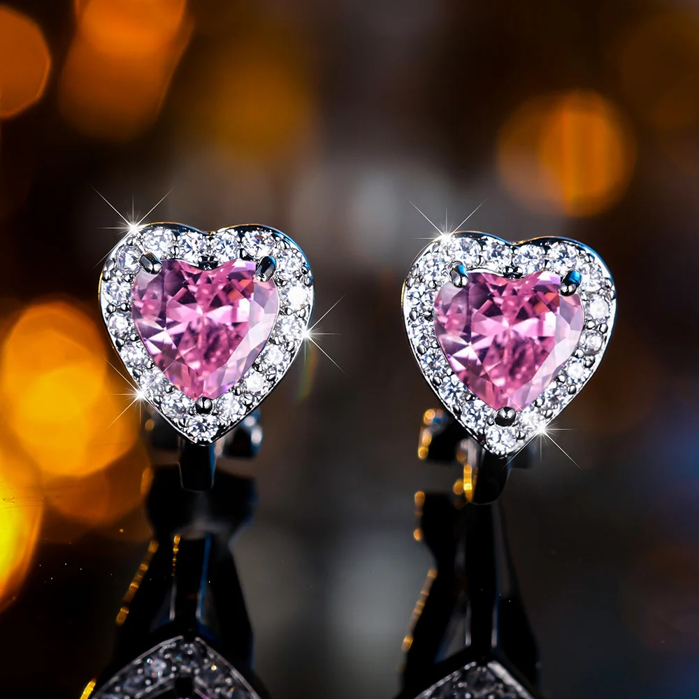 Cute Female Zircon Stone Heart Clip Earrings Vintage Silver For Women