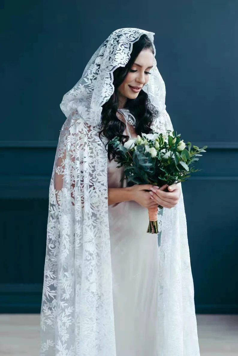 

Lace Wedding Cape Long Hood Cloaks Gothic Punk Party Costumes Floor Length Bridal Shawls