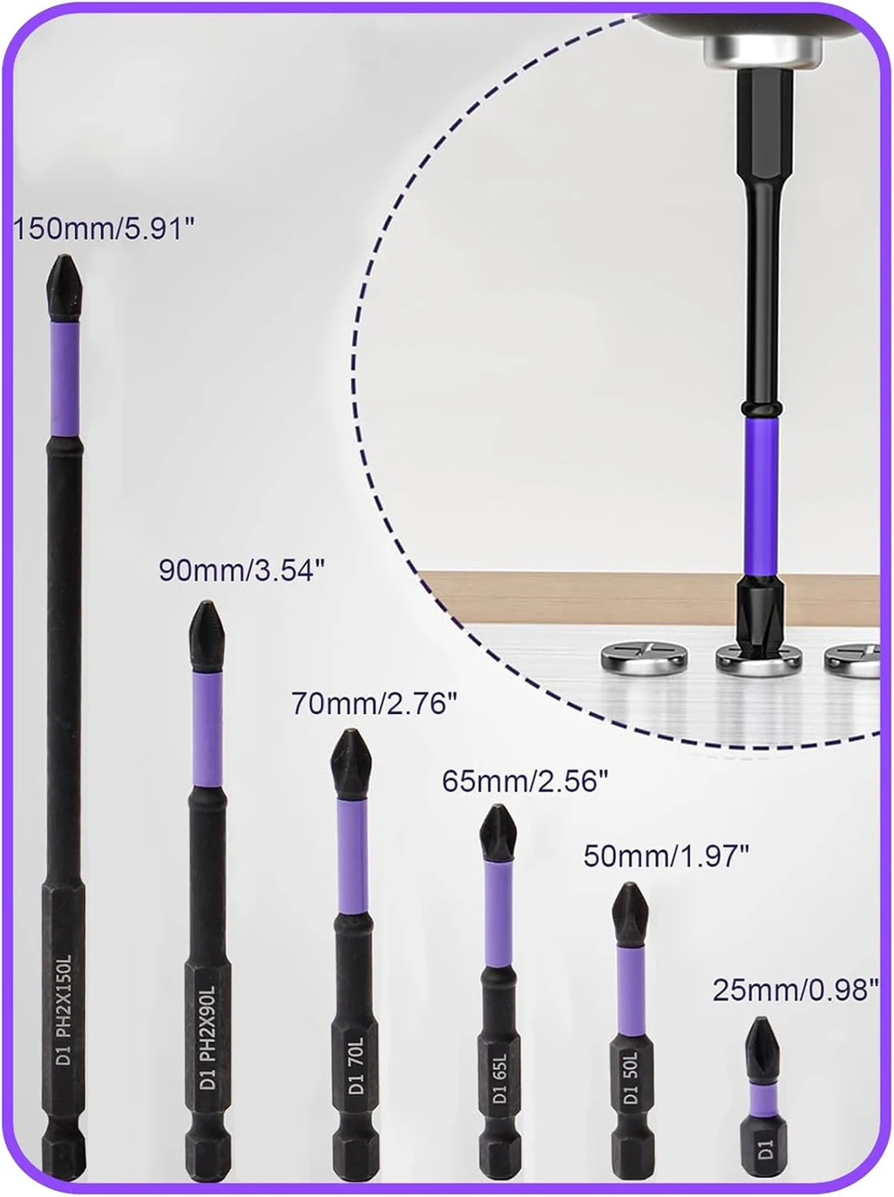 Drill Bit Set 6pcs Magnetic D1 Alloy Steel Impact Resistance Long Cross Driver Bits 1/4in Hex Shank Drills