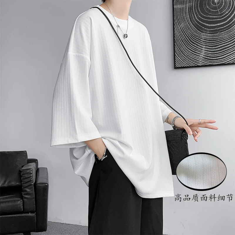 느슨한 Tshirt 남성 오버 사이즈 아이스 실크 T 셔츠 2024 여름 남성 하프 슬리브 패션 하라주쿠 티셔츠 남성 솔리드 심플 데일리 티셔츠