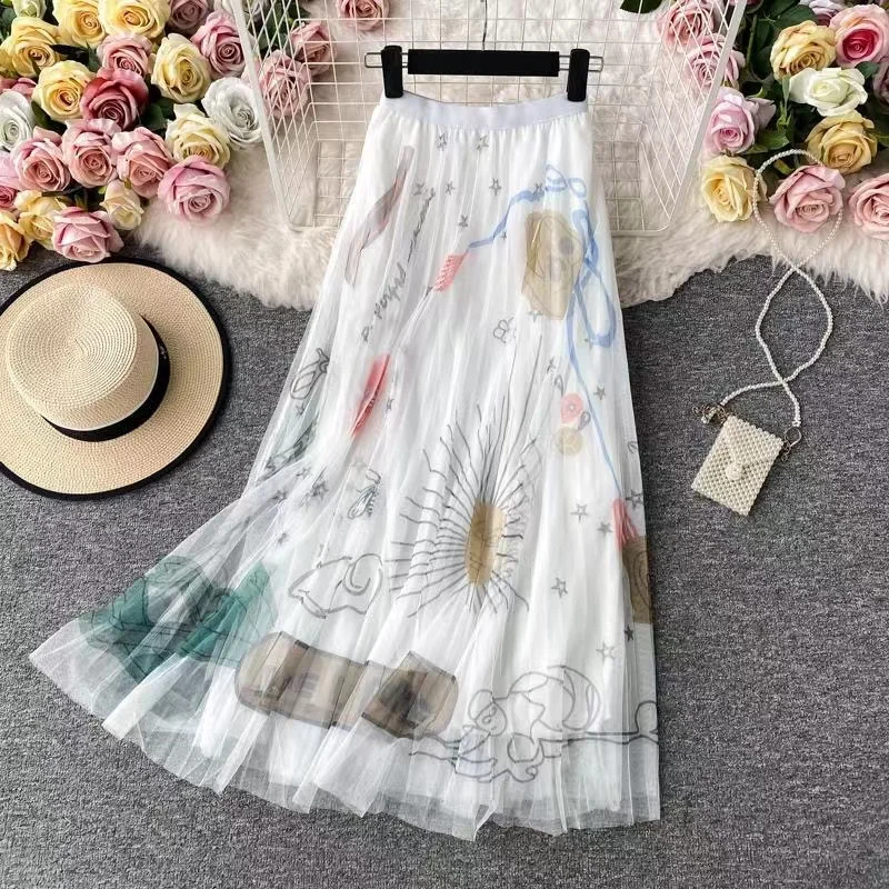 black denim skirt New 5 Colors 88cm Maxi Tulle Skirt Women Korean Style Fashion Beautiful Print A Line High Waist Pleated Long Skirt Female jean skirt Skirts