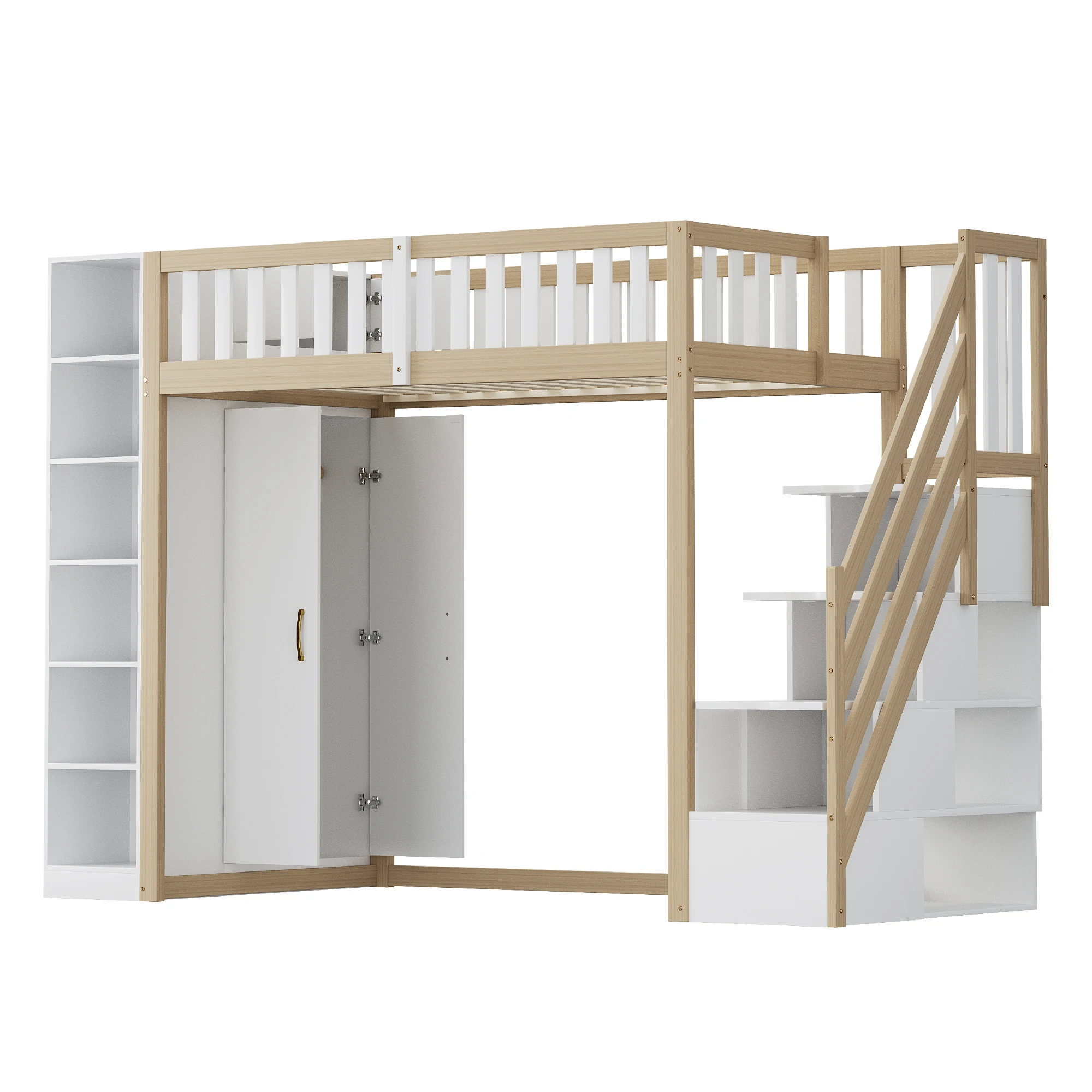 Multifunktionales Hochbett 90x200cm mit Regalen, Aufbewahrungsschrank und großem Kleiderschrank, Sicherheitsleiter mit Staufächern – Detail 19