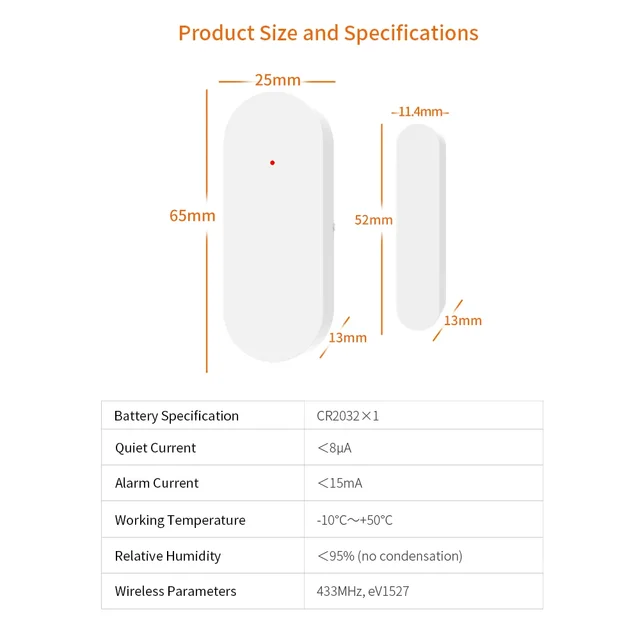 ACJ 433MHz Wireless Door Sensor Magnetic Switch Window Detector For Home Smart Alarm System Low Power Consumption EV1527 Code 6