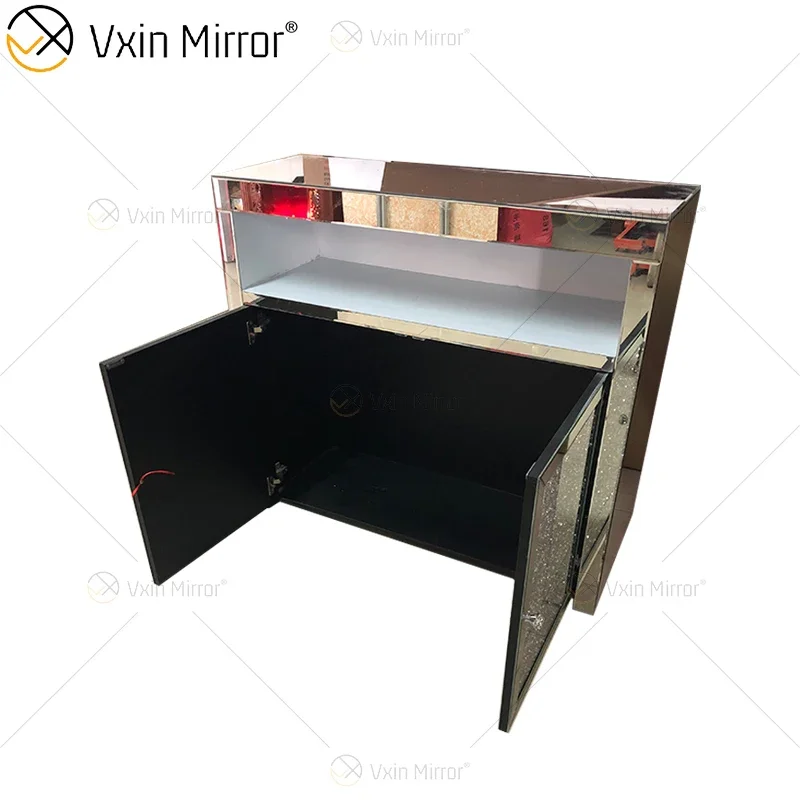 Silver Modern Diamond Wall Cabinet Emitting Diode Glass Decor with Multiple Drawers