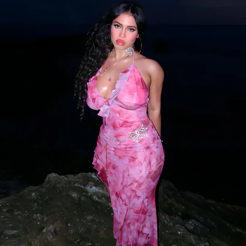 Vestido midi estampado con volantes y cordones para mujer, de malla con retazos, sin espalda, elegante, de fiesta, ajustado, a la moda, con escote en V, falda de tul sexy