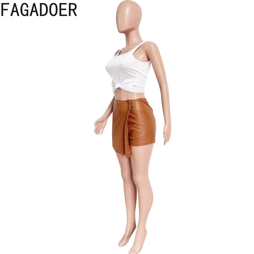 FAGADOER Fashion PU Leather Slim Irregular Shorts Women High Waisted Matching Bottoms Casual Female Solid Color Streetwear 2024