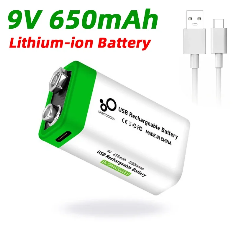 

9V 650mAh Lithium-ion Battery 9V USB Rechargeable With Type-C Ports Battery For Multimeter Microphone Electric Toy Flashlights