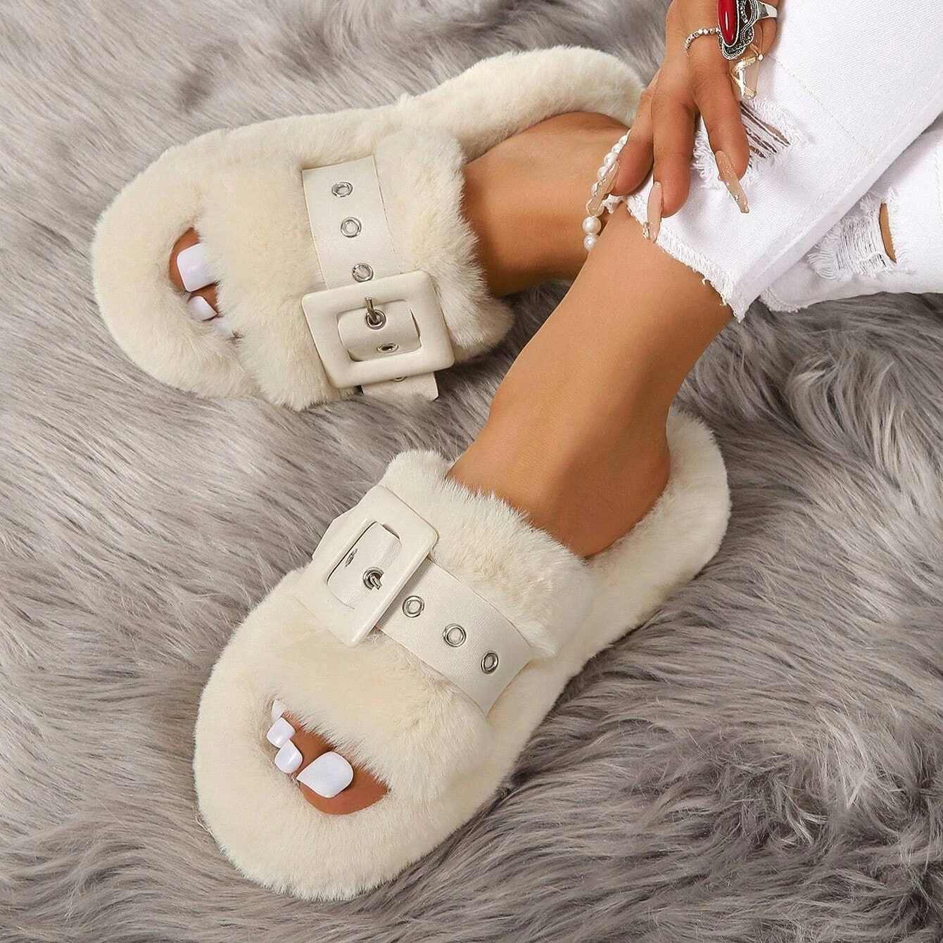 

Buckles Decor Double Band Winter New Women Slipper Soft Fur Heel Fur Platform Warm Open Toe Fluffy Home Slippers
