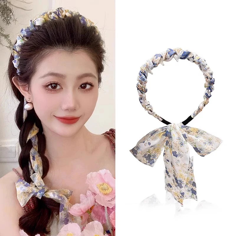 Elegantes Haarband mit Blumenmuster und langem Band für Damen und Mädchen, süßes Haarband, Haarreifen, modisches Haar-Accessoire