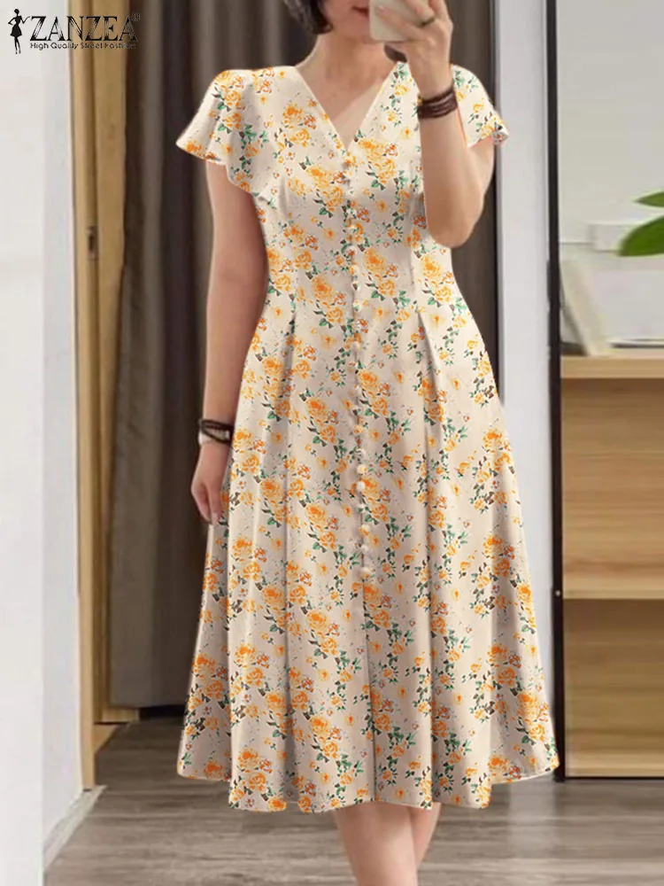 

ZANZEA Elegant Summer V Neck Short Sleeve Party Dress Robe Femme Bohemain Printed Sundress Womewn Casual Work OL Vestidos 2024