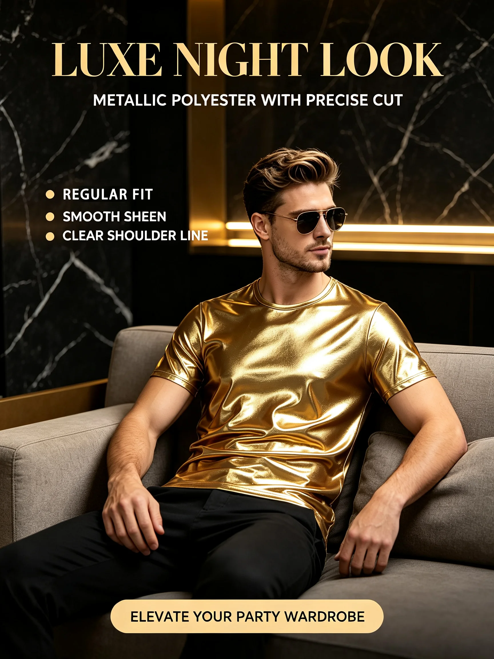 Herren Gold Glänzendes Kurzarm-T-Shirt, Party, Sport, Modisches Freizeit-Oberteil