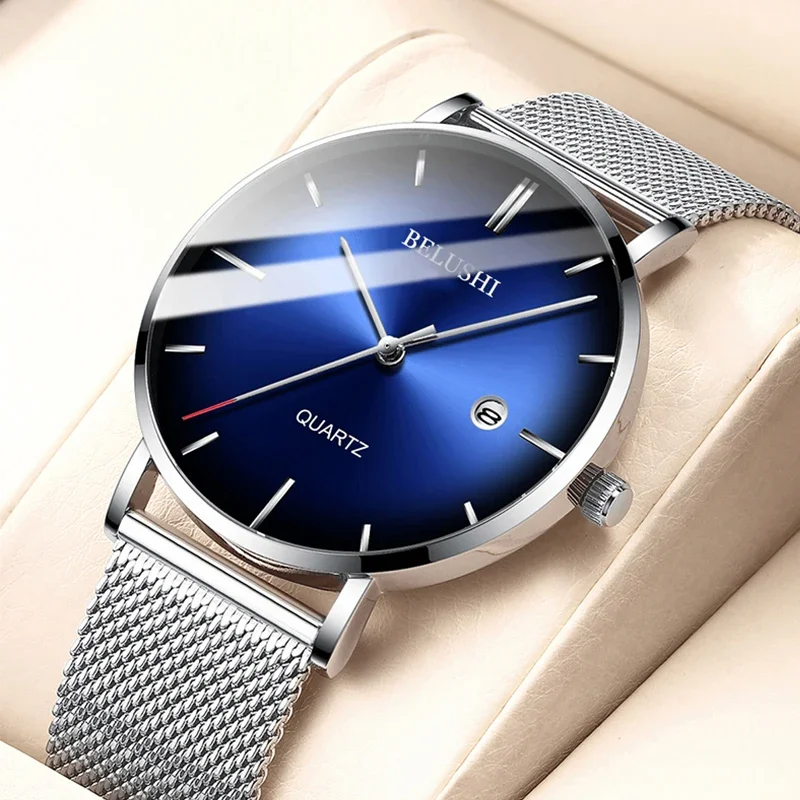 BELUSHI Fashion Mens Watches Top Brand Luxury Slim Steel Mesh Quartz Watch Men Business Waterproof Analog Wrist Watch Male Clock reloj hombre men s fashion calendar watches for men business stainless steel mesh belt analog quartz watch relogio masculino