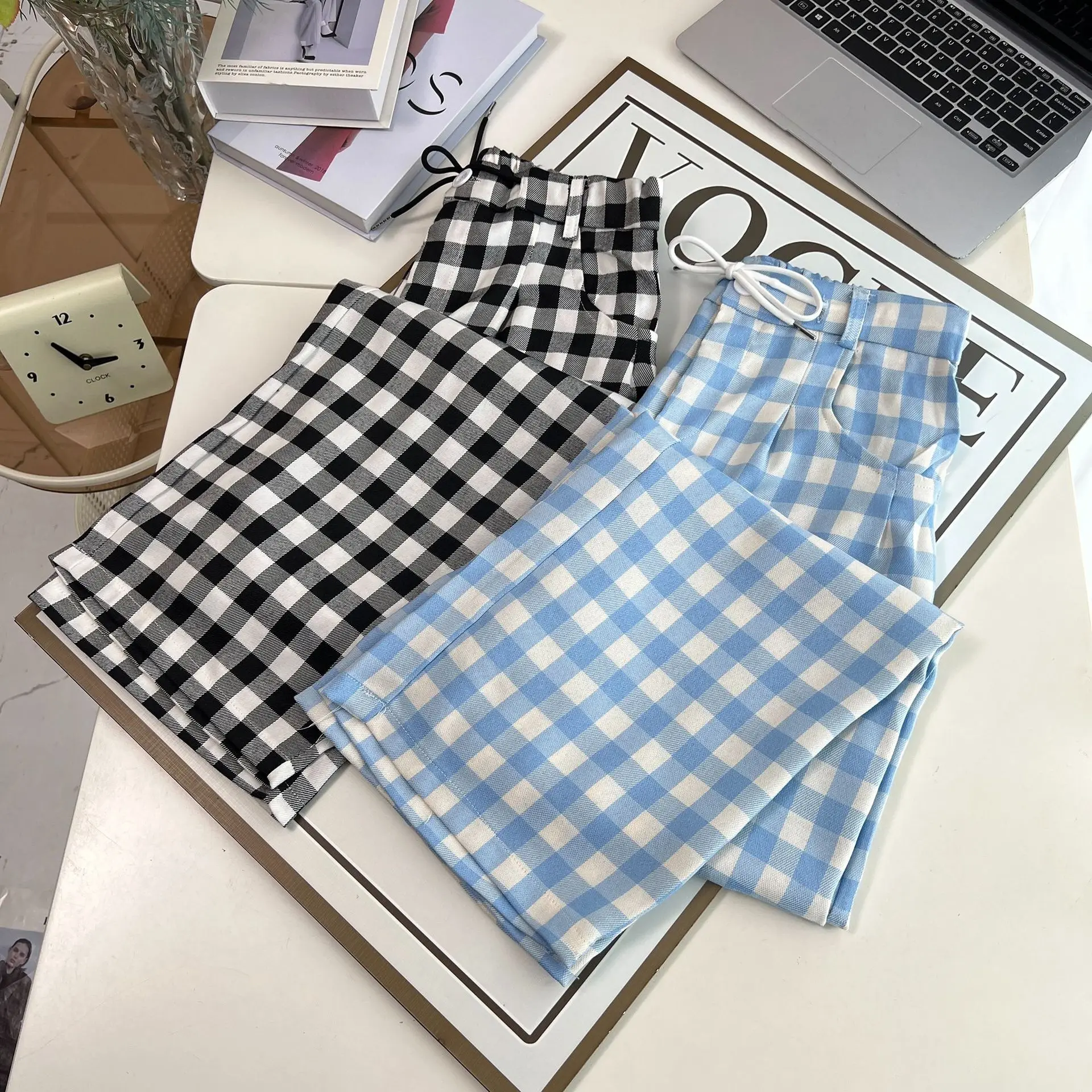 Fashion Plus Size Women's Wide Leg Pants Autumn New Versatile Drawstring Waist Plaid Full Length Suit Trousers 1707