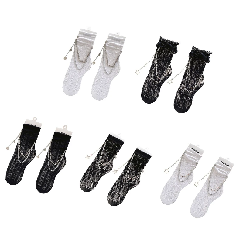 

Women Gothic Punk Lace Calf Socks Ruffled Trim Leg Metal Chain Stockings