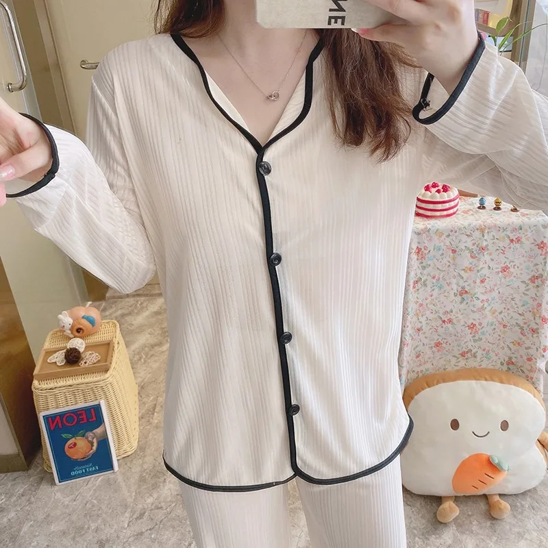 Spring and autumn women's pajamas printed double long pit strip milk silk 180k cardigan small lapel home clothes 2-piece set
