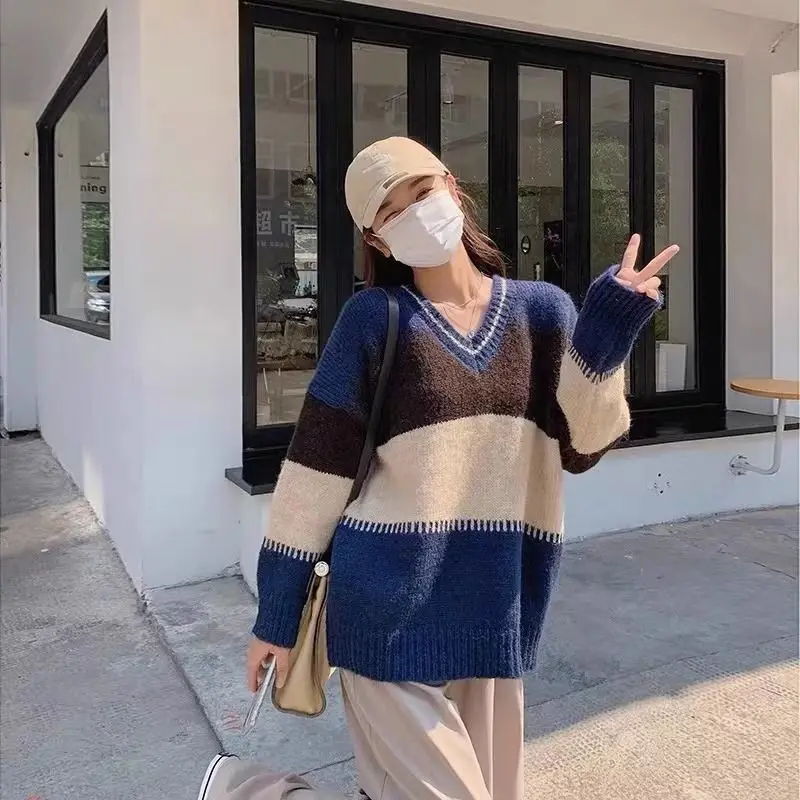 

Winter Women Sweater Pullover Knit Jumpers Loose Striped Pull Jumpers Korean Style Knitwear Casual Top Cashmere Sweaters