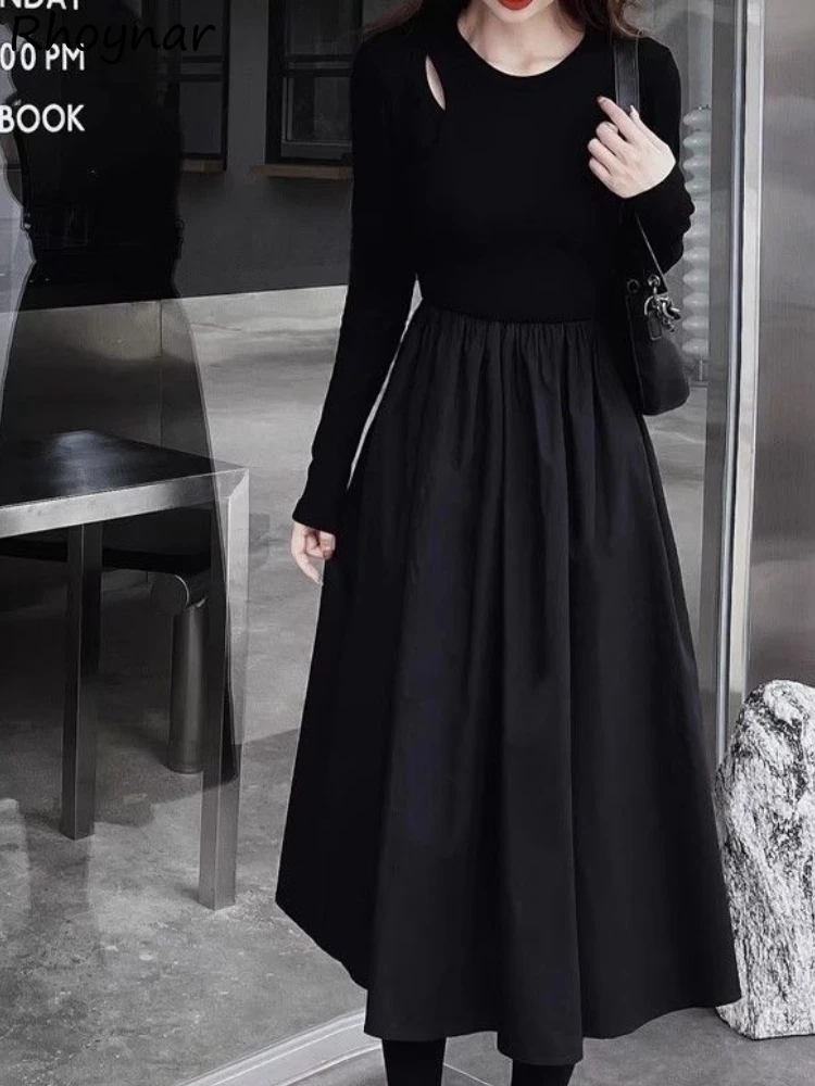

Autumn Black Dresses Women Temper Hollow Out Casual Office Lay Simple A-line French Style Classic Long Sleeve Clothing Popular