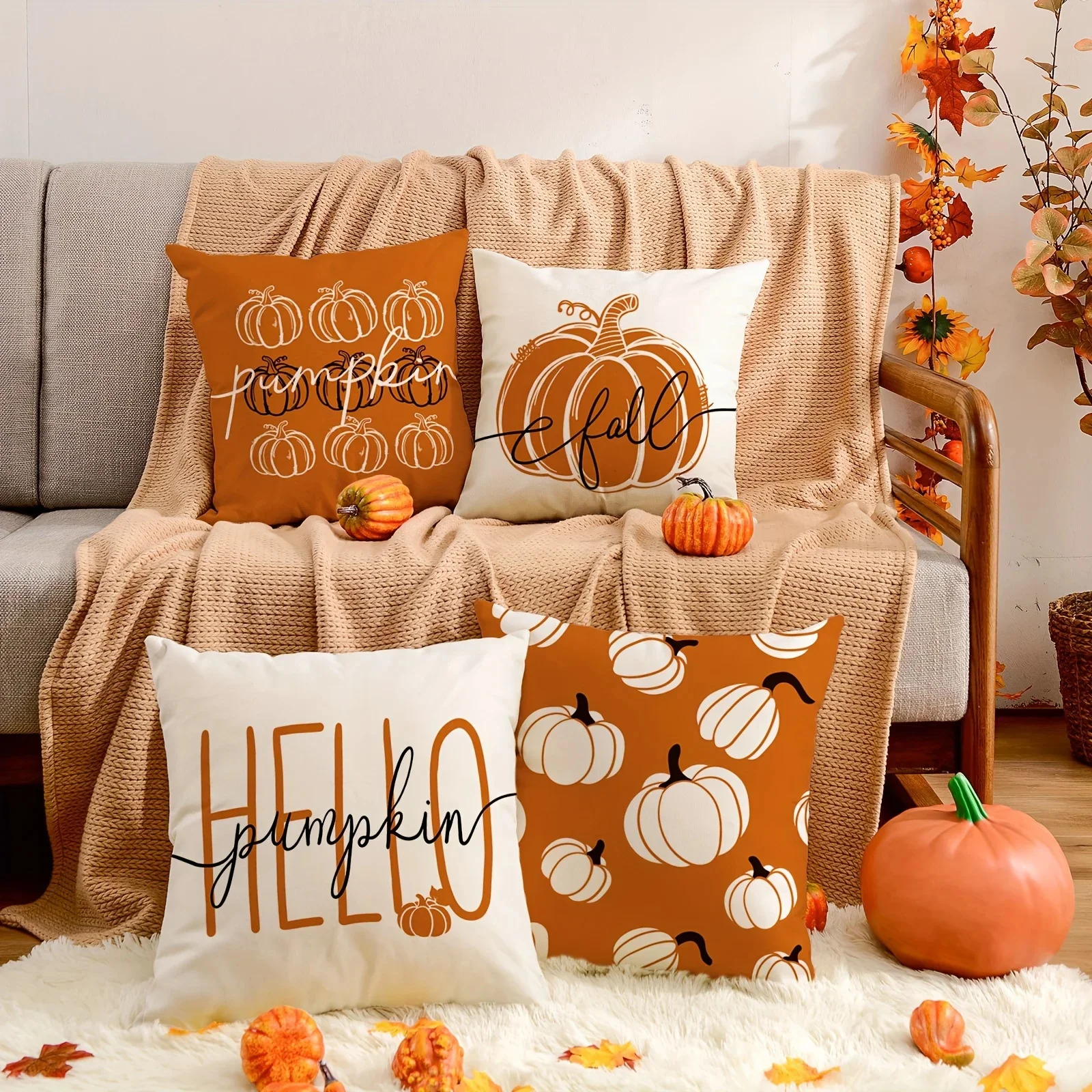 Set of 4 Halloween Throw Pillow Covers - Ghost, Pumpkin, and Bat Designs