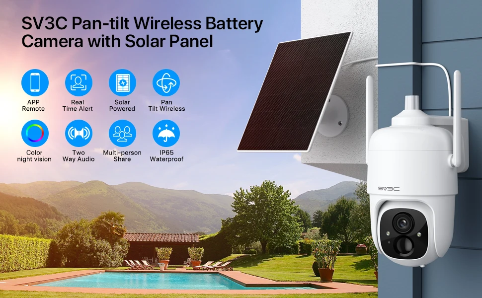 Cámara de seguridad solar inalámbrica 2K para exteriores, cámara WiFi con  batería recargable, inclinación panorámica SV3C 360 rotación, visión