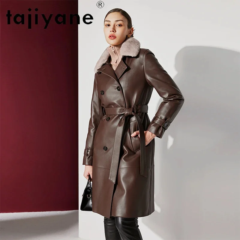 

Real Tajiyane Leather Jacket Women Genuine Sheepskin Coat Winter Luxury Mink Fur Collar Double-breasted White Duck Down Coats