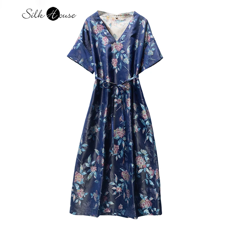 

2024 Women's Fashion Summer New 100%Natural Mulberry Silk Song Brocade Tibetan Blue V-neck Embroidered Ball Flower V-neck Dress