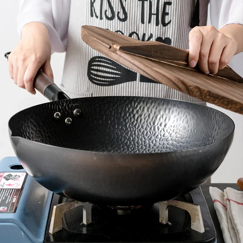 

Wooden Set Fry With Gas 32cm Steel Wok Stove Lid Stir Electric For Flat Non-stick And Bottom Induction Frying Carbon Pan