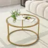 Glass Coffee Table,Round Gold Coffee Table for Small Space,27" Modern Center Table,Glass Top Clear Coffee Table 1