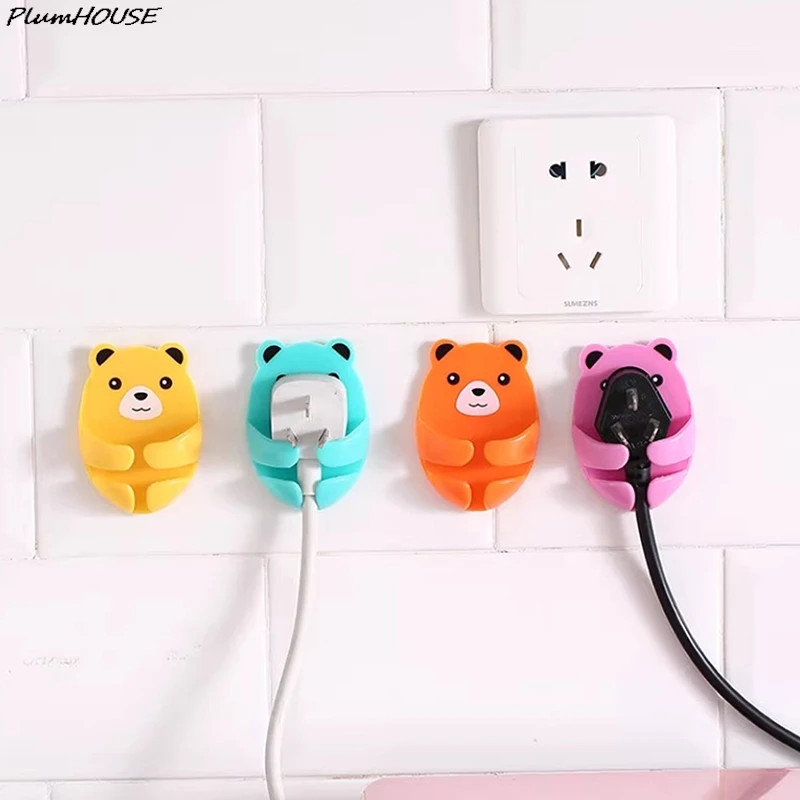 4Pcs Wall storage hook bear plug bracket punch-free power plug socket holder kitchen stealth hook wall adhesive hanger bathroom