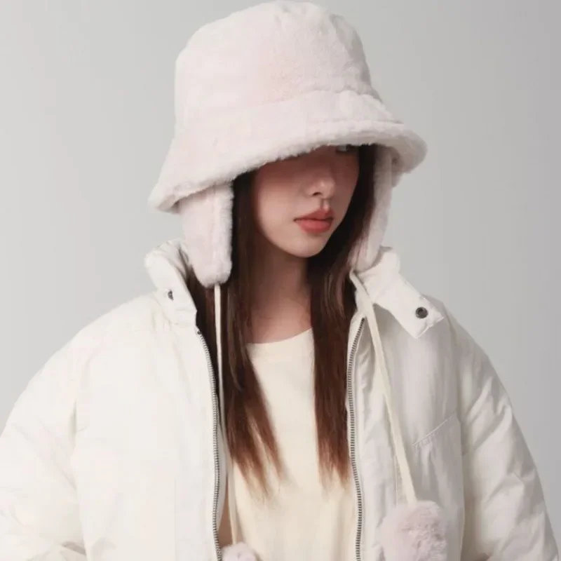 Fur Hat Winter Hat Bomber Winter Warm Bucket Hat for Women Golf Cap Hiking Hat Fur Barrel Cap Cotton Fabric Ear Protection