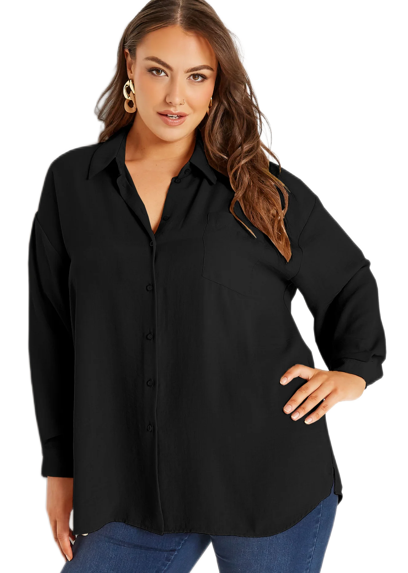 Plus Size Full Sleeve Autumn Casual Tops Women Loose Collared Button Down Solid BoyFriend Blouse