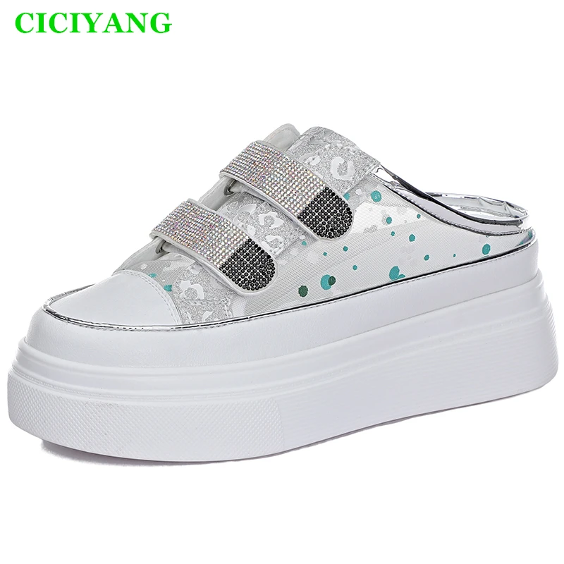 

CICIYANG Women's Slippers 2023 Summer New Outerwear Mesh Sandals Fashion Muffin Platform Wedge Penny Shoes Half Slippers Ladies