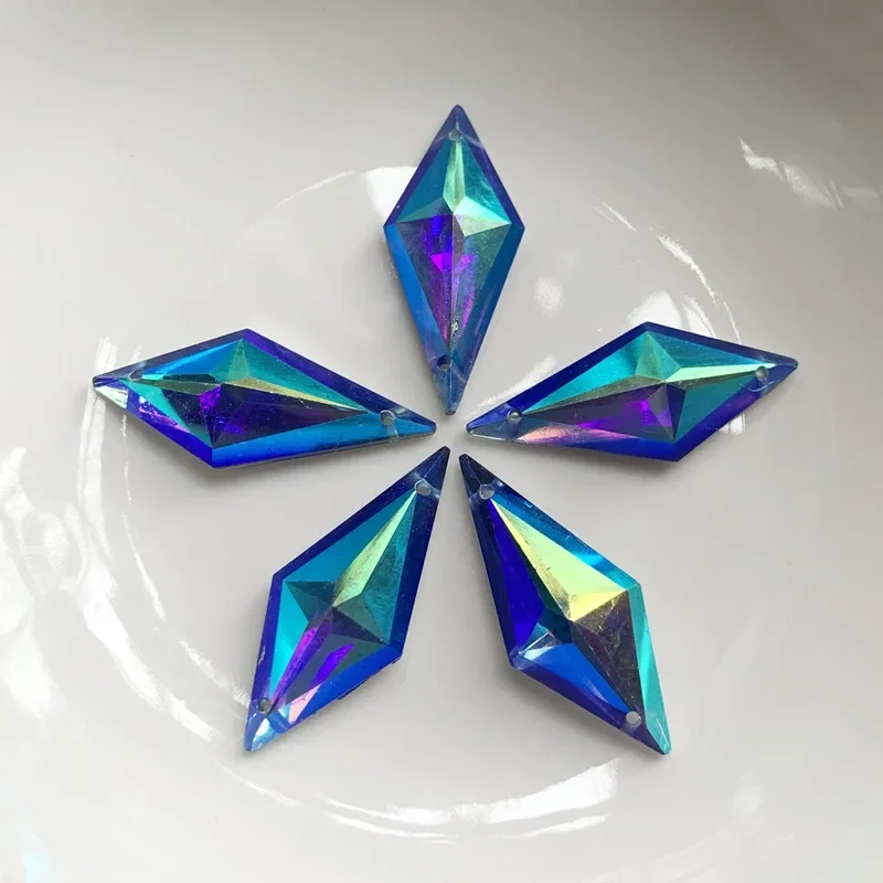 다이아몬드 크리스탈 보석 12x28mm 2 구멍 AB 플랫 백 라인 석 수지 크리스탈 아플리케 마름모 멋진 Strass Stones 드레스 공예-E61