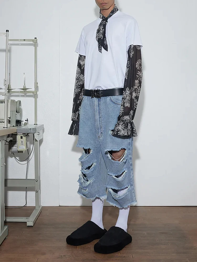 REDDACHIC 라이트 워시 찢어진 데님 반바지 남녀공용, 블루 탄성 허리 찢어진 구멍 닳은 헐렁한 청바지, 빈티지 Y2k 스트리트웨어