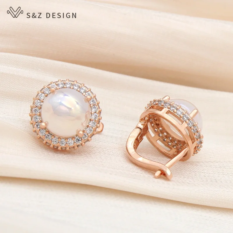 S&Z DESIGN New Fashion Round Simulated-pearl Drop Earrings For Women Elegant Wedding 585 Rose Gold Color Cubic Zirconia Jewelry